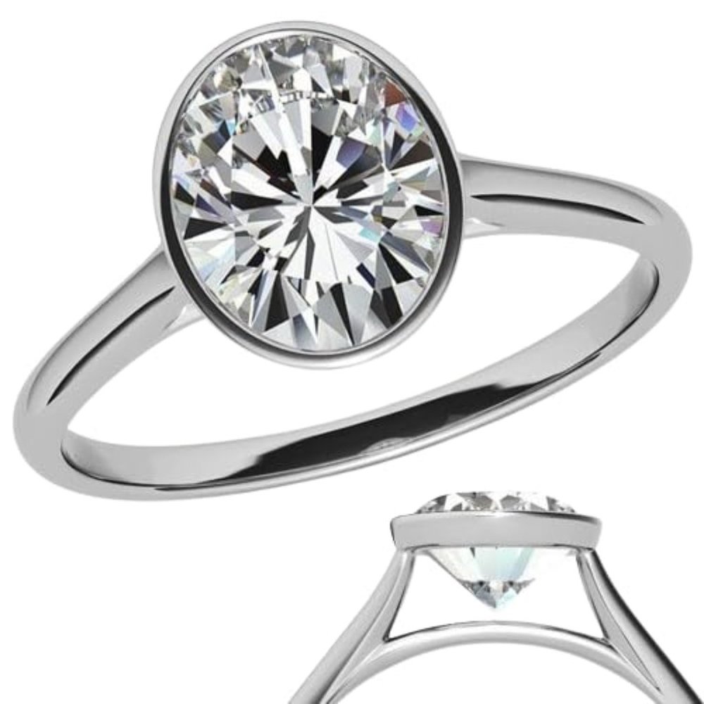 1.50 Carat Oval Cut Lab Created Diamond Solitaire Petite Bezel Engagement Ring